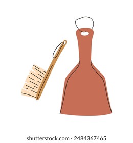 Illustration of eco-friendly cleaning products. Scoop and brush. Organic natural ecological cleaners, brushes. Green housework stuff, clean home supplies. Flat graphic vector illustration isolated on