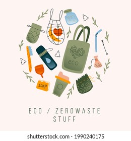 An illustration with eco-friendly consumer items. Zero waste. Simple light flat modern illustration. Eco bags, eco bag, reusable items.