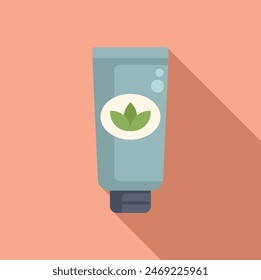 Illustration of an ecofriendly cosmetic tube with a leaf emblem on a soft coral backdrop