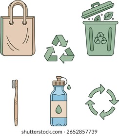 Illustration of eco-friendly items including a tote bag, recycling symbols, a trash can, a toothbrush, and a water bottle.
