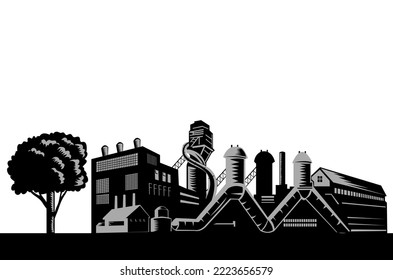 Illustration of an eco-friendly manufacturing plant or factory building with tree and smoke stacks done in retro woodcut style on isolated background.