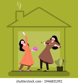 illustration for ecofriendly and safe Holi during Covid19, two girls playing with colors in home.