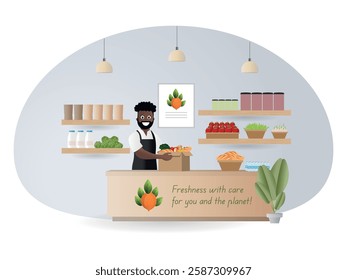 Illustration of an eco-friendly store with fresh products and sustainable packaging, highlighting customer service and environmental commitment.