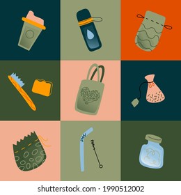 An illustration with eco-friendly things. Zero waste. Simple light flat modern illustration. Eco-textile bags, string bag, wooden brush, reusable tube, thermos, cup, glass jar