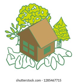 Illustration of an eco-house in the palm of your hand