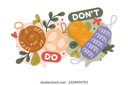 Ilustración alternativa ecológica a las cosas habituales, hacer y no hacer comparación de accesorios de baño, esponjas y paños de lavado