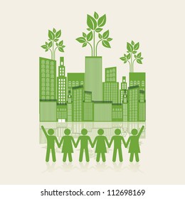 Illustration of an ecological city with silhouettes of people holding hands, concept work for the city, vector illustration