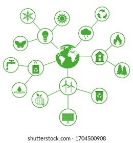 ilustración del entorno de conjunto de iconos ecológicos, signo de energía y concepto de símbolo en fondo blanco