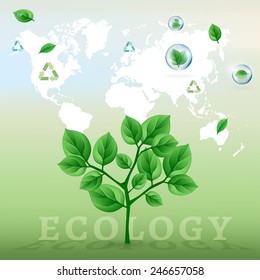 The illustration of ecological world map and a green tree. Vector image with infographic elements.