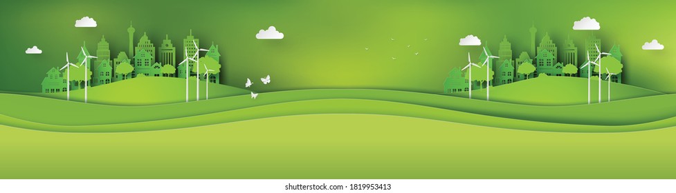 Illustration of ecology  and environment with green city. Paper art and digital craft style.