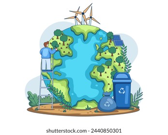Illustration of ecology and environmental stewardship with people taking care of the earth. The scene depicts individuals engaging in various eco-friendly activities such as planting trees, recycling,