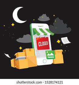 illustration of ecommerce in the evening style with a cellphone and cardboard
