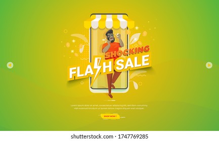 Illustration for e-commerce promotion banner with shocking flash sale concept