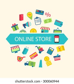 Illustration E-commerce Shopping Symbols, Online Shop Elements and Commerce Item - Vector