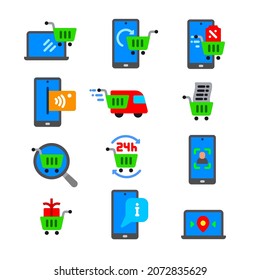Ilustración de los iconos planos del comercio electrónico y la comercialización en la web