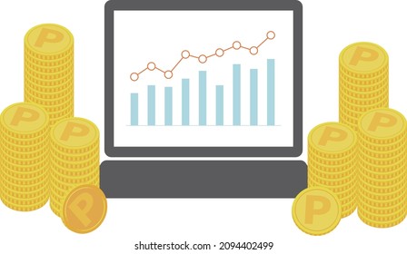 Illustration of the economic graph displayed on the computer screen and the piled up coins