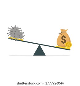 Illustration Of Economic Recovery After The Covid Crisis-19 Concept. 
Coins And Coronavirus Pathogens On Scales Vector Illustration