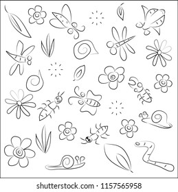 Illustration of ecosystem living, such as  earthworm, flower, leaves, snail, butterfly, dragonfly and glass in vector, easy drawing
