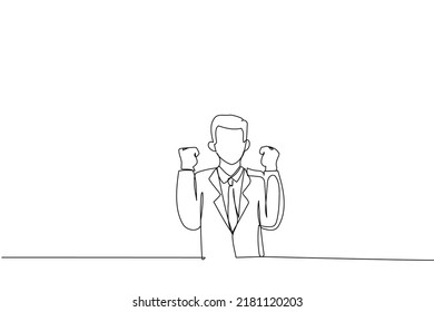 Illustration of ecstatic  businessman showing joy, victory, celebration, trump and excitement clenching fists. One line style art
