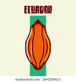 Illustration of Ecuadorian cacao pod in retro style with “Ecuador” text.