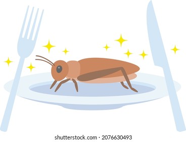 Illustration of edible crickets on a plate as an insect food