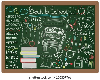 illustration of education and back to school concept design element collection set written on blackboard background vector, eps10