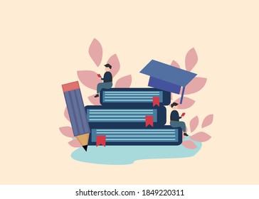 illustration of education with books and people reading, campus, book lovers or students, etc