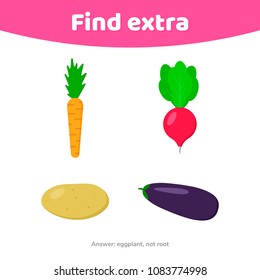 illustration. Education game for preschool kids. Find extra object. vegetables and berries