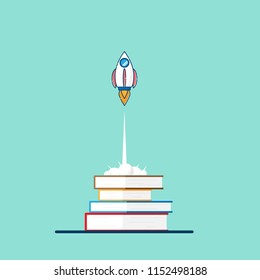 illustration of education startup concept rocket launch from book vector flat design