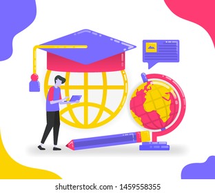 Illustration of education and student exchange. Learn from various places. Online learning and university to study. flat vector concept for Landing page, website, mobile, apps ui, ux, banner, poster