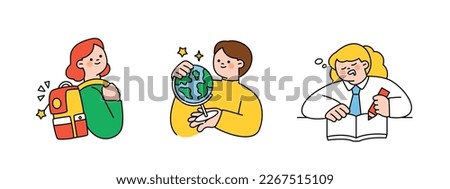 Illustration to education. Students are carrying backpacks, holding globes, and taking notes while dozing off.