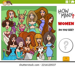 Illustration of educational counting activity with cartoon women characters group