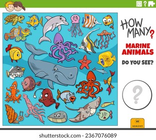 Illustration of educational counting activity with cartoon marine animal characters group