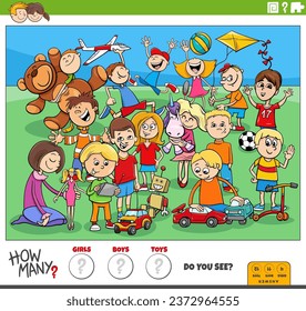 Illustration of educational counting activity with cartoon children and toys