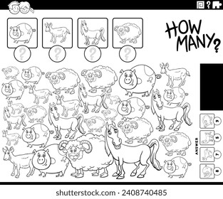 ilustración de la actividad de recuento educativo con la página de coloreado de personajes de animales de granja de dibujos animados
