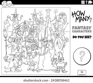 Ilustración de la actividad educativa de conteo con dibujos animados de personajes de fantasía para colorear página