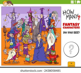 Illustration of educational counting activity with cartoon fantasy characters