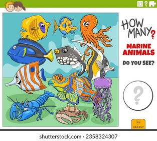 Illustration of educational counting activity for children with cartoon marine animal characters group