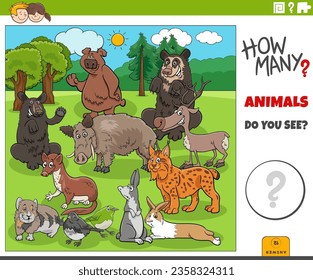 Illustration of educational counting activity for children with cartoon wild animal characters group