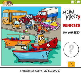 Illustration der Bildungs-Zählaktivitäten für Kinder mit Cartoon Transport Fahrzeug-Charaktergruppe