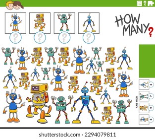 Illustration of educational counting activity with funny cartoon robots characters