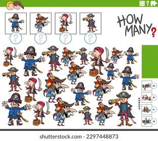 Illustration of educational counting activity with funny cartoon pirates characters