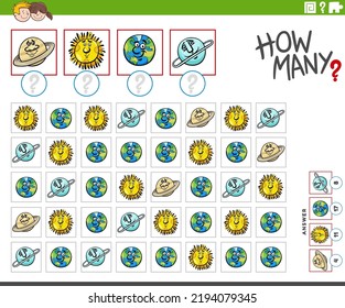 Illustration of educational counting game with cartoon planets characters