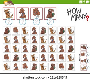Ilustración del juego del conteo educativo con dibujos animados de perros y personajes animales