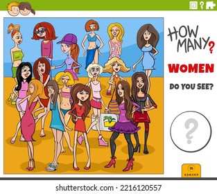 Illustration of educational counting game with cartoon women characters group