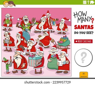 Illustration of educational counting game with cartoon Santa Clauses characters on Christmas time