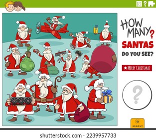 Illustration of educational counting game with cartoon Santa Claus characters with Christmas gifts