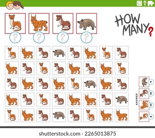 Illustration of educational counting game with cartoon wild animal characters