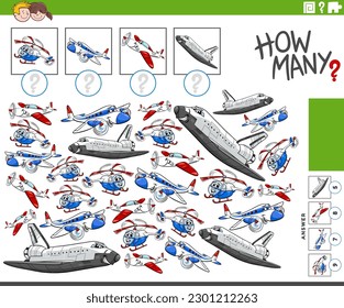 Illustration of educational counting game with cartoon planes and flying machines