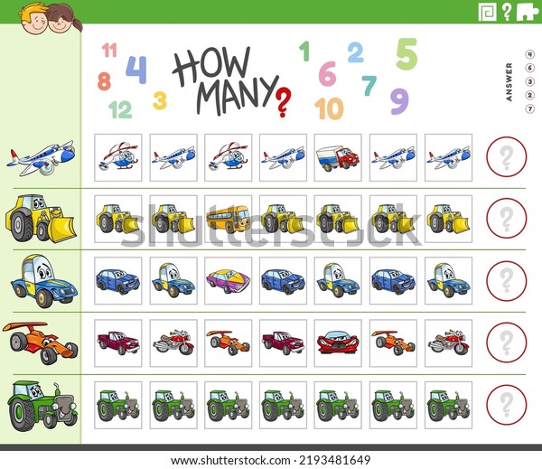 Illustration of educational counting game with\
cartoon vehicles\
characters